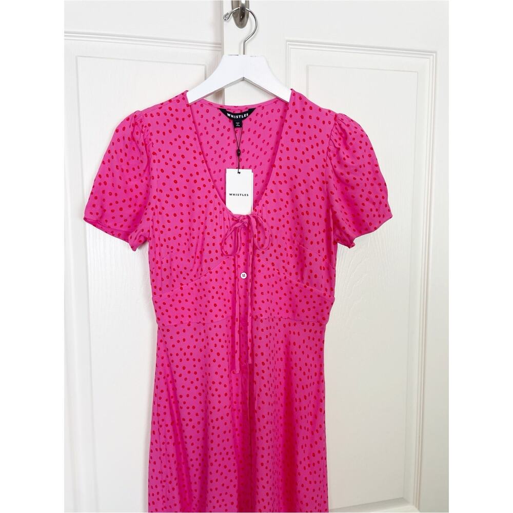 Whistles Heidi Polka Dot Midi Dress Pink Red Spot Print Viscose NWT Sz 4 - Picture 5 of 12